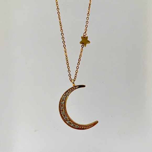 Jewelry - Gold Crescent Moon Pendant Necklace with Star Accent